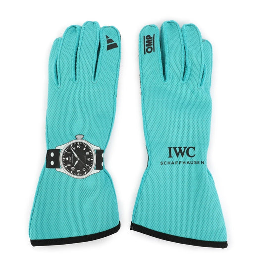 Blue George Russell 2025 Mercedes F1 Race Gloves Replica laid flat, front view, showing the full racing design and replica stitching