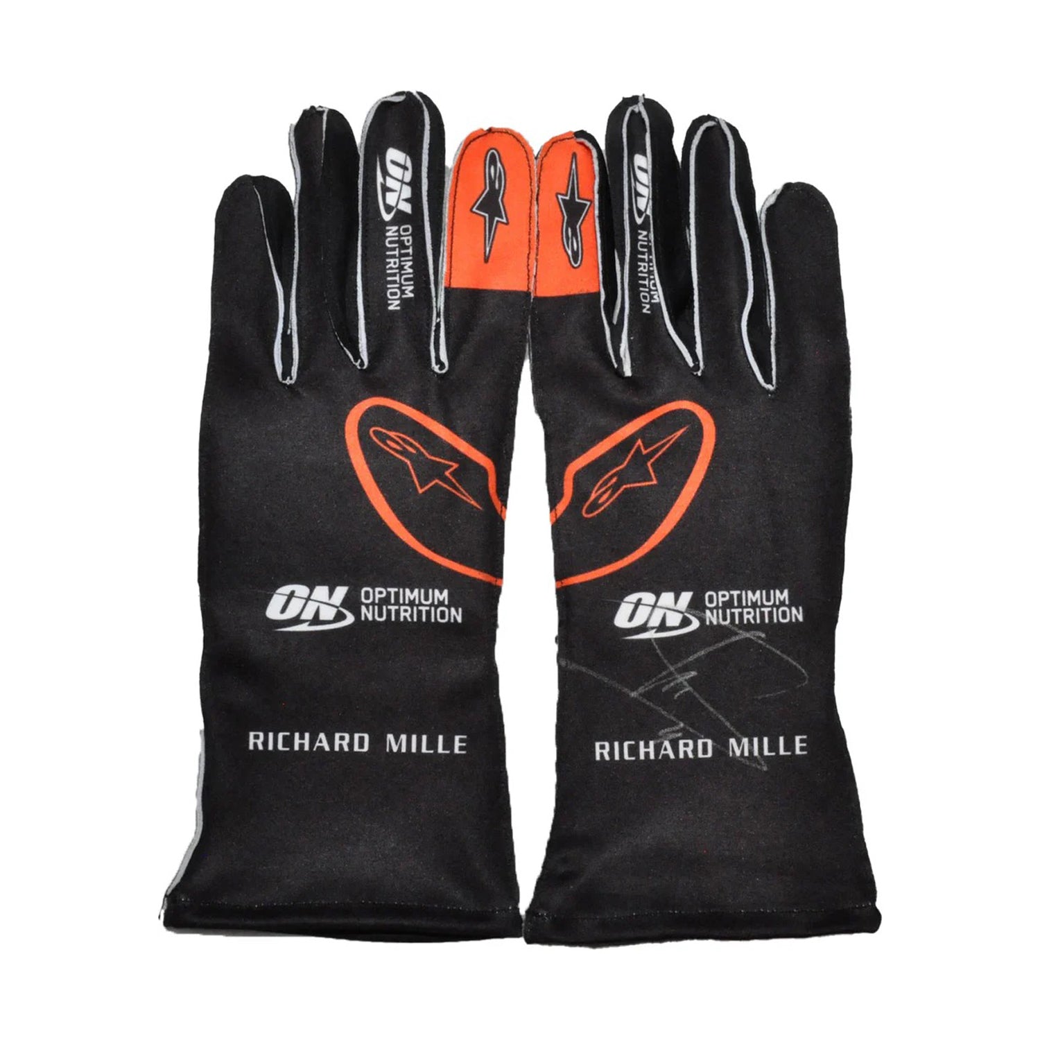 Black Lando Norris 2025 McLaren F1 Race Gloves laid flat, front view, showing the full racing design and replica stitching