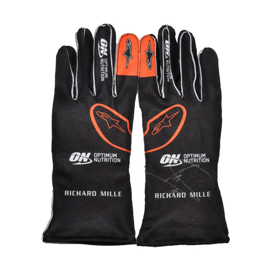 Black Lando Norris 2025 McLaren F1 Race Gloves laid flat, front view, showing the full racing design and replica stitching
