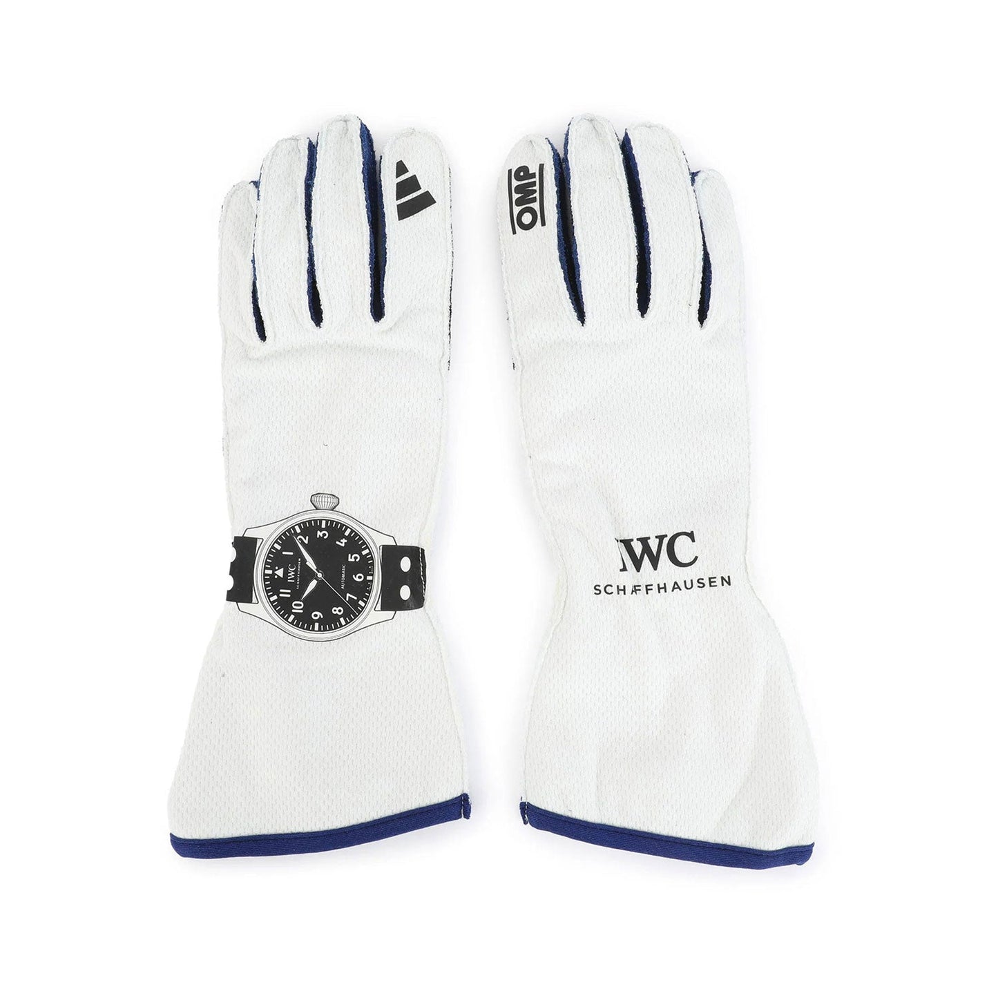 White Andrea Kimi Antonelli 2025 Mercedes F1 Race Gloves laid flat, front view, showing the full racing design and replica stitching