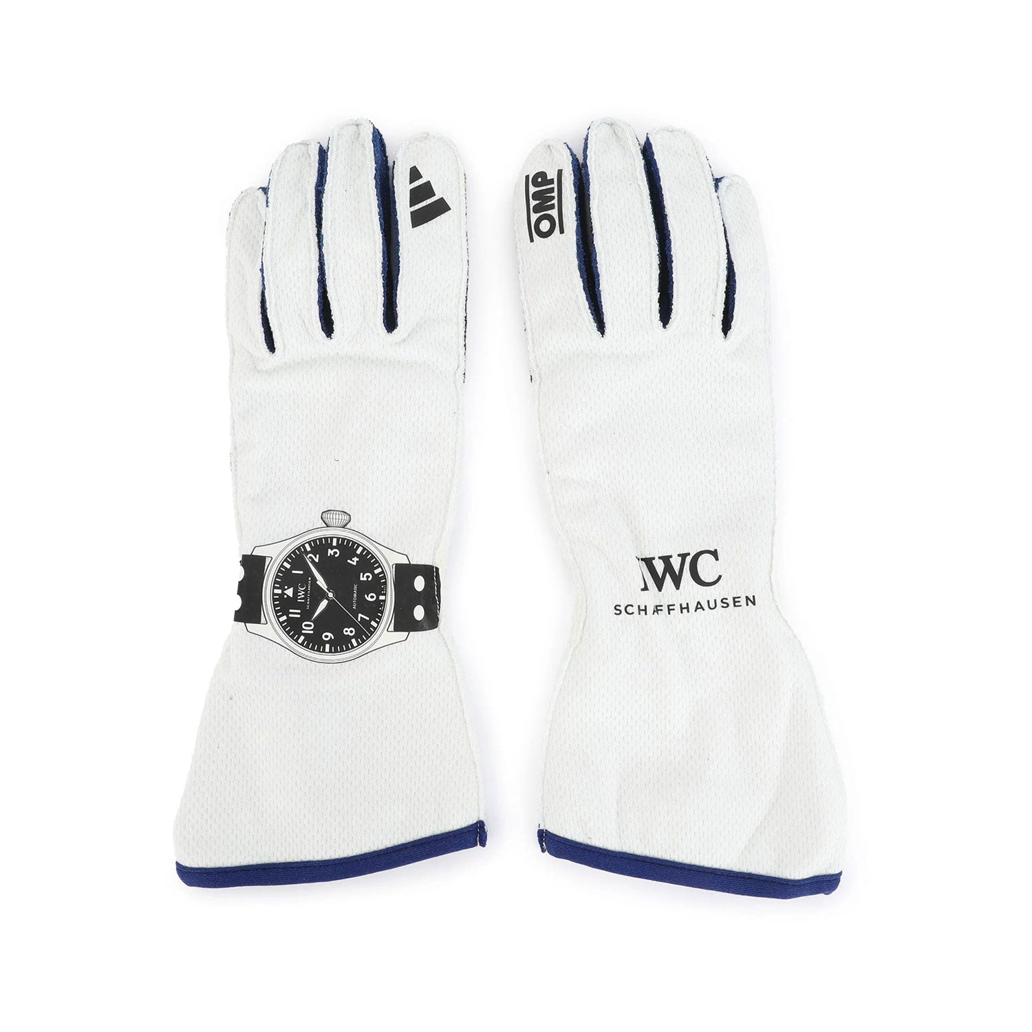 White Andrea Kimi Antonelli 2025 Mercedes F1 Race Gloves laid flat, front view, showing the full racing design and replica stitching