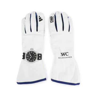 White Andrea Kimi Antonelli 2025 Mercedes F1 Race Gloves laid flat, front view, showing the full racing design and replica stitching