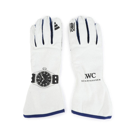 White Andrea Kimi Antonelli 2025 Mercedes F1 Race Gloves laid flat, front view, showing the full racing design and replica stitching