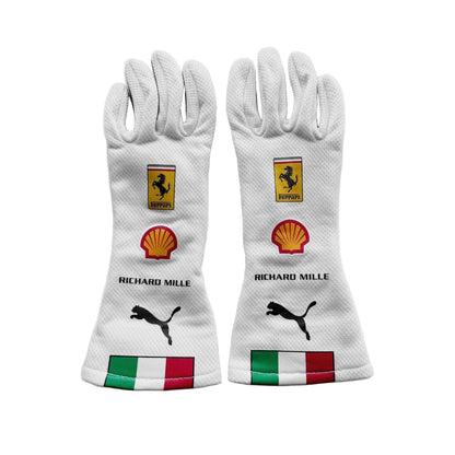 White Charles Leclerc 2025 Ferrari Monza GP F1 Replica Race Gloves laid flat, front view, showing the full racing design and replica stitching