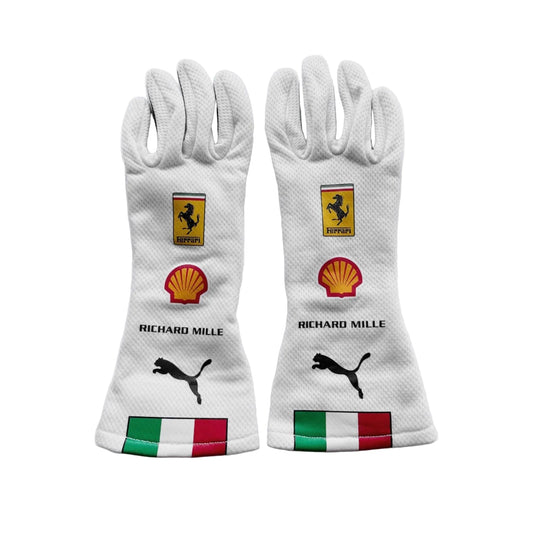 White Charles Leclerc 2025 Ferrari Monza GP F1 Replica Race Gloves laid flat, front view, showing the full racing design and replica stitching