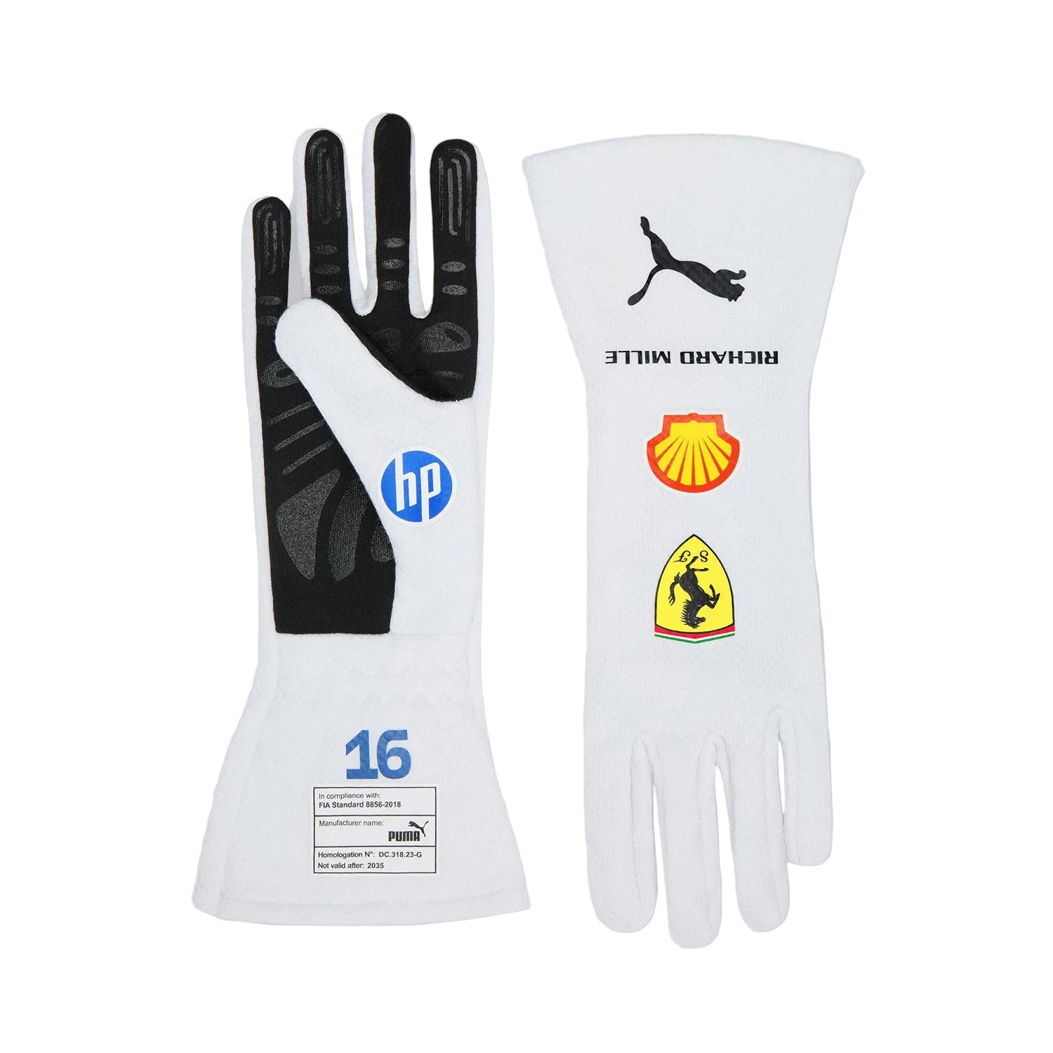 White Charles Leclerc 2025 Ferrari Miami GP F1 Replica Race Gloves laid flat, front view, showing the full racing design and replica stitching
