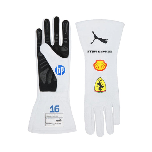 White Charles Leclerc 2025 Ferrari Miami GP F1 Replica Race Gloves laid flat, front view, showing the full racing design and replica stitching