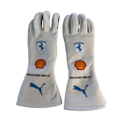 White Charles Leclerc 2025 Ferrari Monaco GP F1 Race Gloves laid flat, front view, showing the full racing design and replica stitching