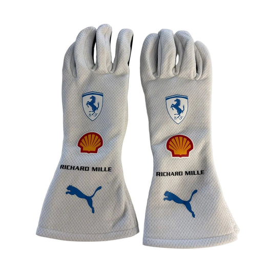 White Charles Leclerc 2025 Ferrari Monaco GP F1 Race Gloves laid flat, front view, showing the full racing design and replica stitching