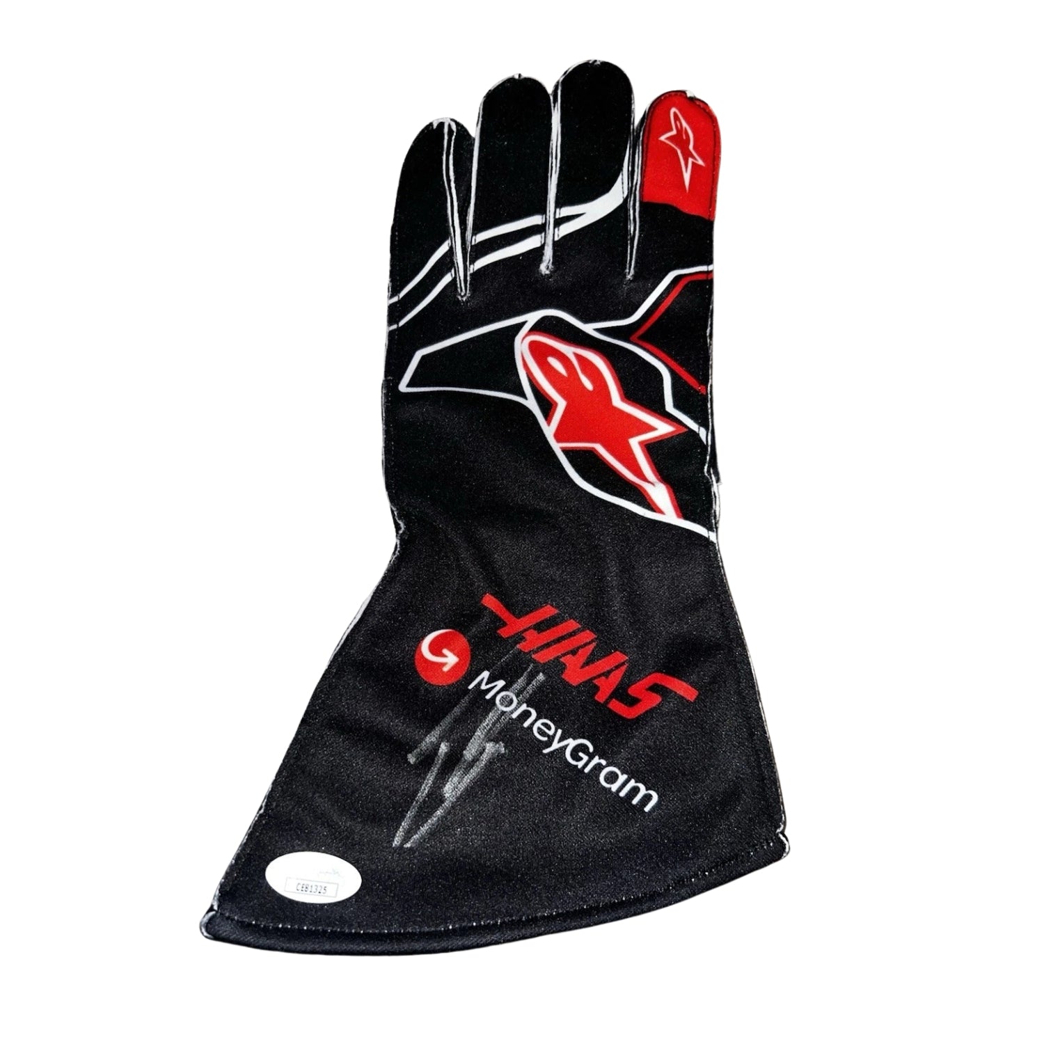 Black Esteban Ocon 2025 Haas F1 Replica Race Gloves laid flat, front view, showing the full racing design and replica stitching