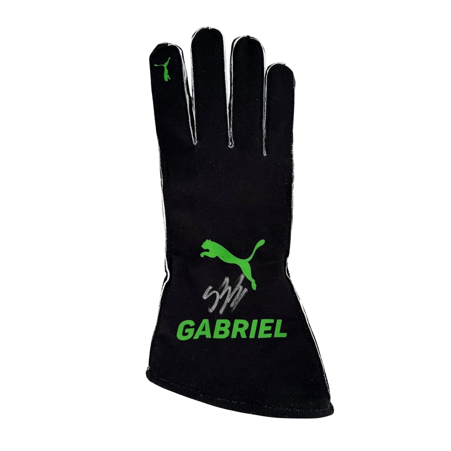 Black Gabriel Bortoleto 2025 Kick Sauber F1 Replica Race Gloves laid flat, front view, showing the full racing design and replica stitching