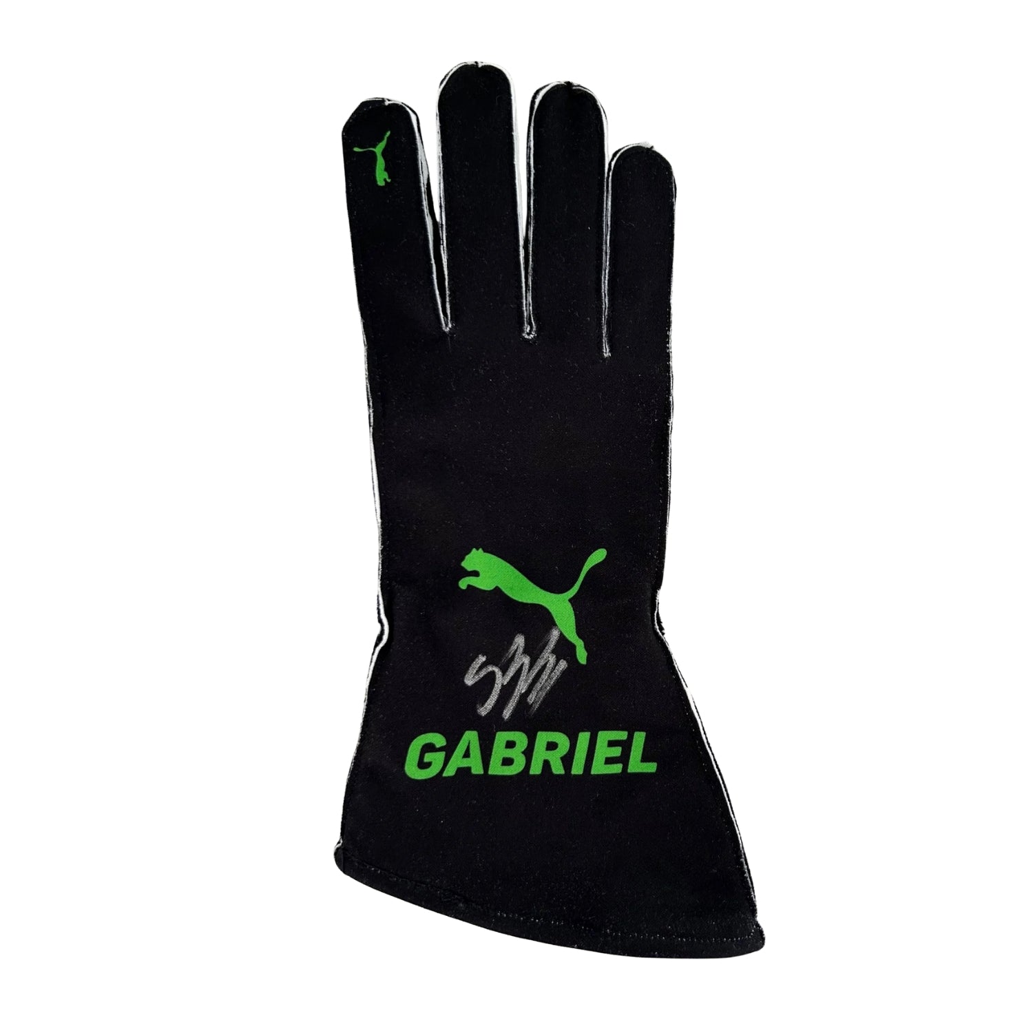 Black Gabriel Bortoleto 2025 Kick Sauber F1 Replica Race Gloves laid flat, front view, showing the full racing design and replica stitching