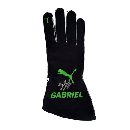 Black Gabriel Bortoleto 2025 Kick Sauber F1 Replica Race Gloves laid flat, front view, showing the full racing design and replica stitching