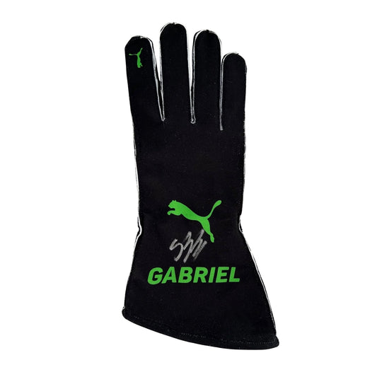 Black Gabriel Bortoleto 2025 Kick Sauber F1 Replica Race Gloves laid flat, front view, showing the full racing design and replica stitching