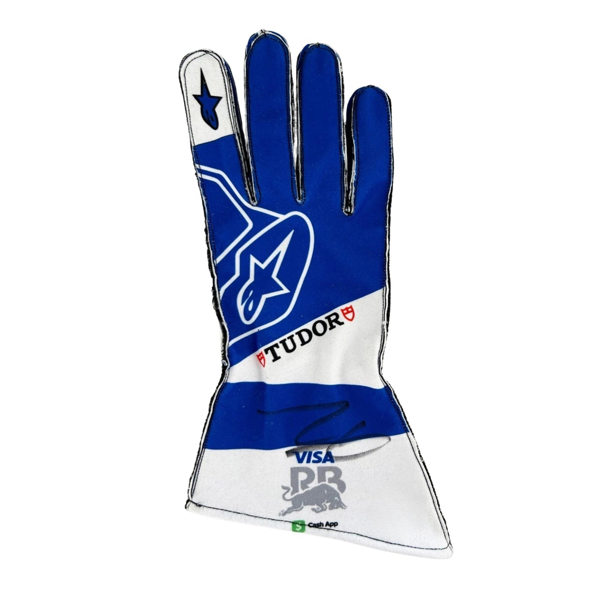 Blue Isack Hadjar 2025 Racing Bulls F1 Race Gloves Replica laid flat, front view, showing the full racing design and replica stitching
