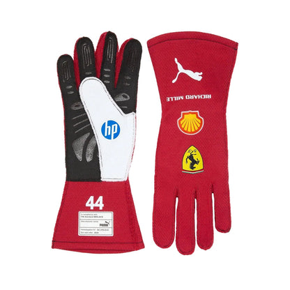 Red Lewis Hamilton 2025 Ferrari F1 Race Gloves laid flat, front view, showing the full racing design and replica stitching