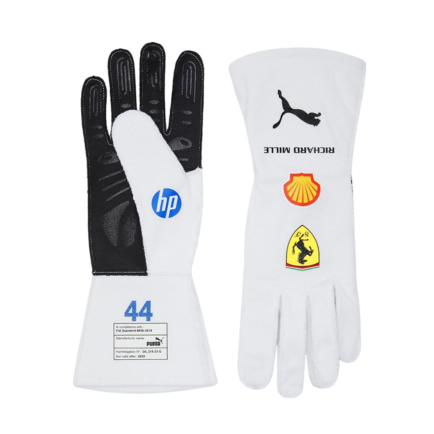 White Lewis Hamilton 2025 Ferrari Miami GP F1 Race Gloves Replica laid flat, front view, showing the full racing design and replica stitching