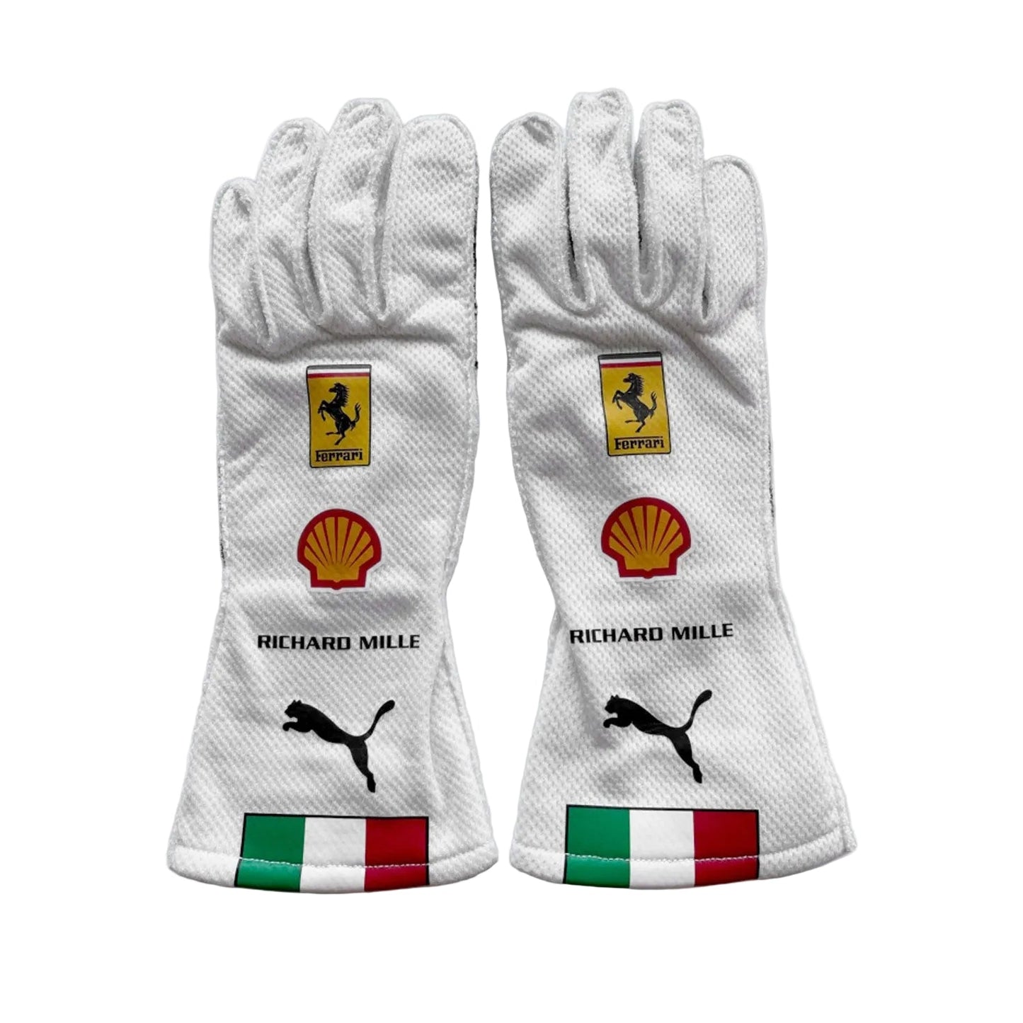 White Lewis Hamilton 2025 Ferrari Monza GP F1 Race Gloves Replica laid flat, front view, showing the full racing design and replica stitching