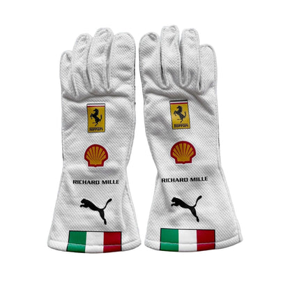 White Lewis Hamilton 2025 Ferrari Monza GP F1 Race Gloves Replica laid flat, front view, showing the full racing design and replica stitching