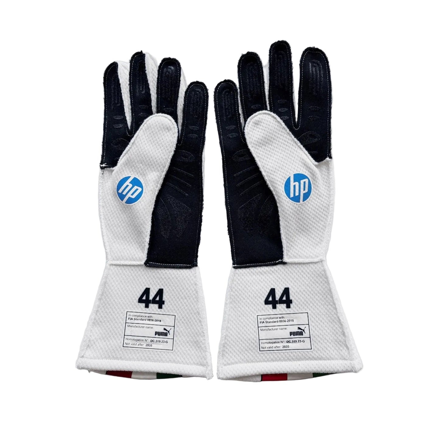 White Lewis Hamilton 2025 Ferrari Monza GP F1 Race Gloves Replica shown side-on, highlighting the wrist strap and grip texture for grand prix use