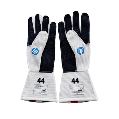 White Lewis Hamilton 2025 Ferrari Monza GP F1 Race Gloves Replica shown side-on, highlighting the wrist strap and grip texture for grand prix use