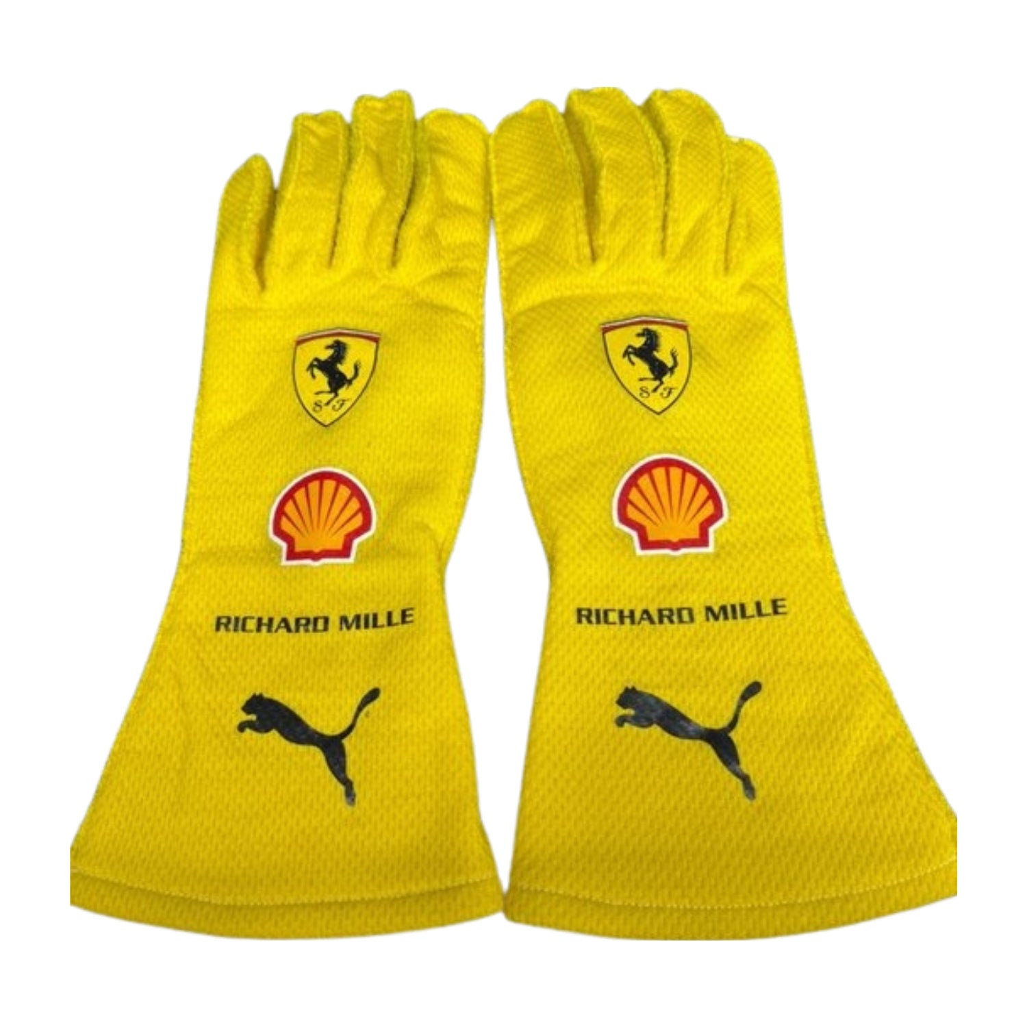 Yellow Lewis Hamilton 2025 Ferrari F1 Replica Race Gloves laid flat, front view, showing the full racing design and replica stitching