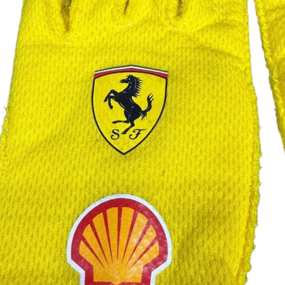 Yellow Lewis Hamilton 2025 Ferrari F1 Replica Race Gloves in close-up detail, showing the palm grip pattern used in GP racing conditions