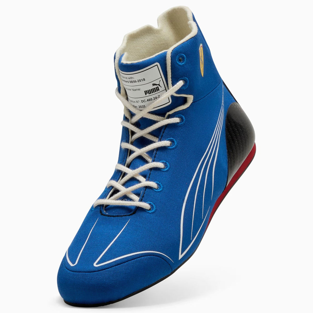 blue racing shoes for Charles Leclerc and Lewis Hamilton supporters, showing the grippy tread and light build. Comfortable fan shoes for supporters, karters and collectors.