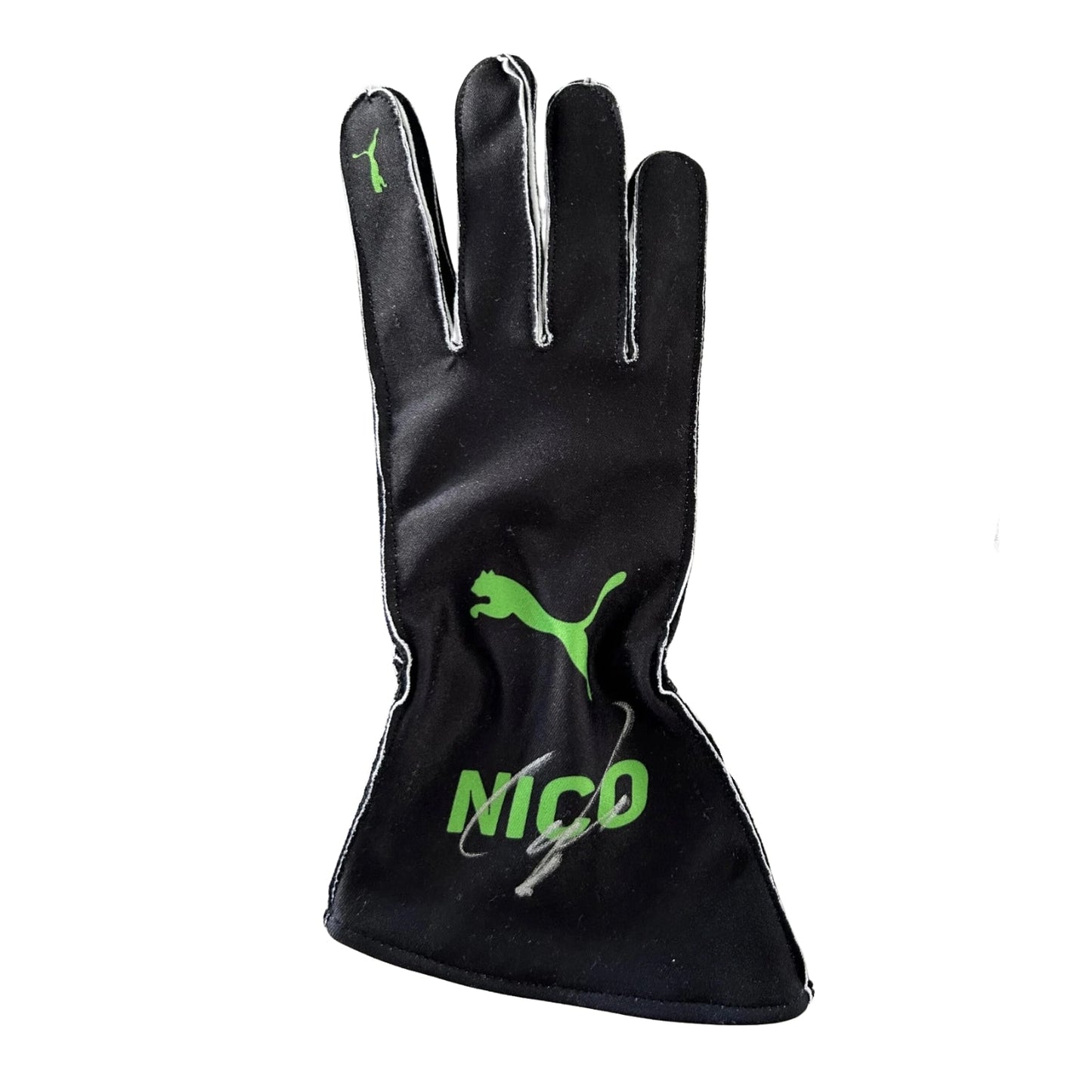 Black Nico Hulkenberg 2025 Kick Sauber F1 Replica Race Gloves laid flat, front view, showing the full racing design and replica stitching