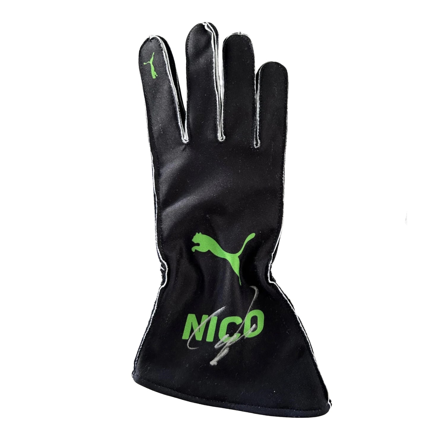 Black Nico Hulkenberg 2025 Kick Sauber F1 Replica Race Gloves laid flat, front view, showing the full racing design and replica stitching