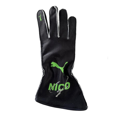 Black Nico Hulkenberg 2025 Kick Sauber F1 Replica Race Gloves laid flat, front view, showing the full racing design and replica stitching