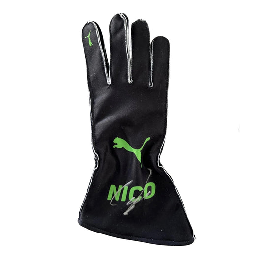 Black Nico Hulkenberg 2025 Kick Sauber F1 Replica Race Gloves laid flat, front view, showing the full racing design and replica stitching