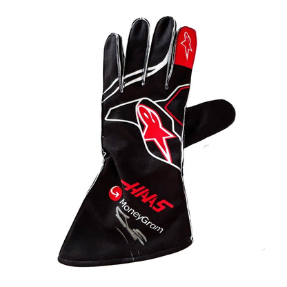 Black Oliver Bearman 2025 Haas F1 Race Gloves laid flat, front view, showing the full racing design and replica stitching