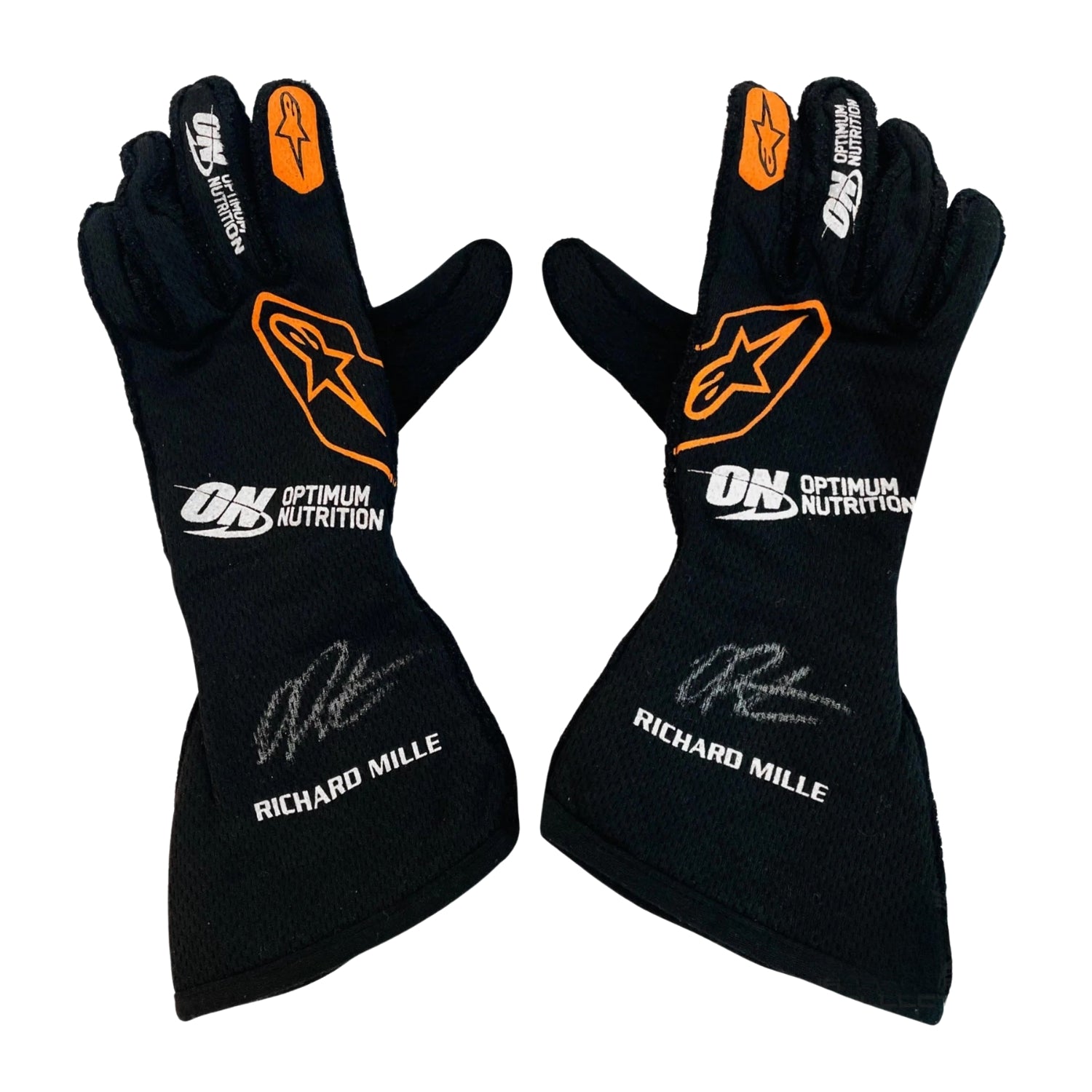 Black Oscar Piastri 2025 McLaren F1 Replica Race Gloves laid flat, front view, showing the full racing design and replica stitching