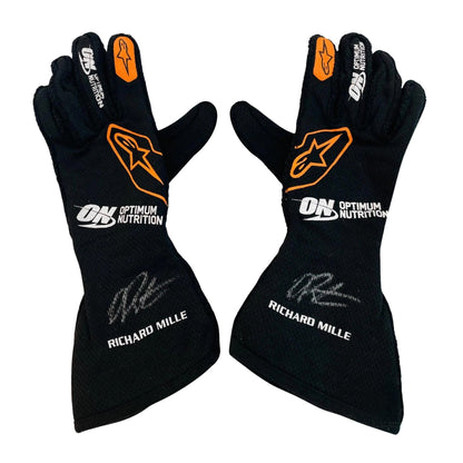 Black Oscar Piastri 2025 McLaren F1 Replica Race Gloves laid flat, front view, showing the full racing design and replica stitching