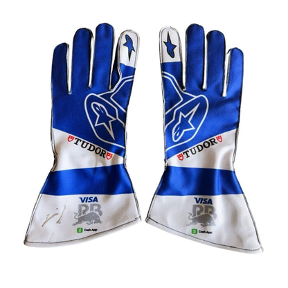 Blue Yuki Tsunoda 2025 Racing Bulls F1 Race Gloves laid flat, front view, showing the full racing design and replica stitching