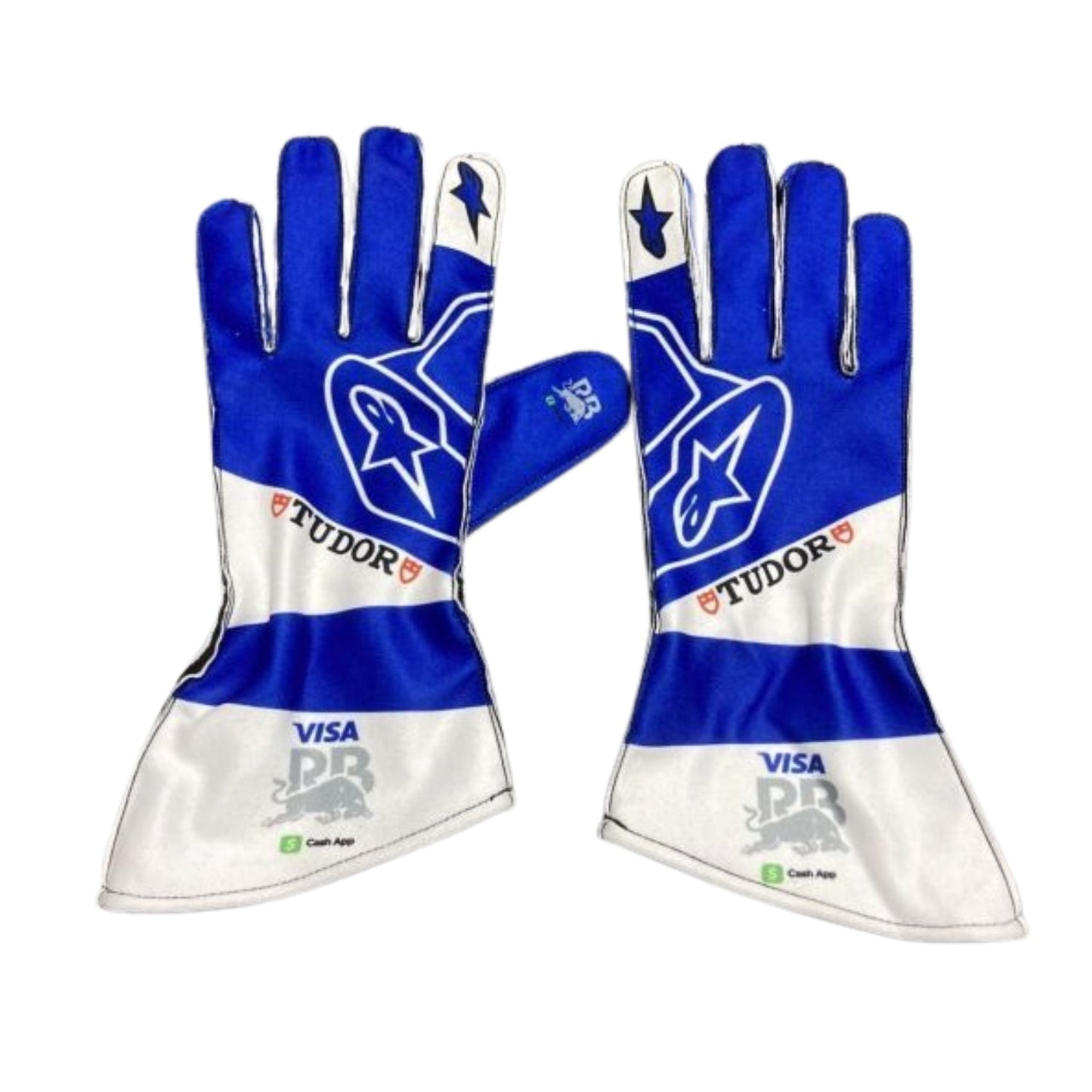 Blue Yuki Tsunoda 2025 Racing Bulls F1 Race Gloves shown side-on, highlighting the wrist strap and grip texture for grand prix use