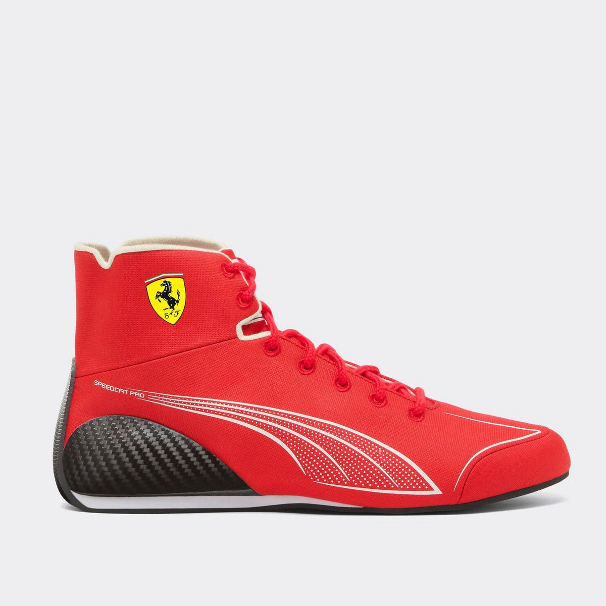 red racing shoes for Charles Leclerc supporters, showing the heel detail and soft lining. Race day attire footwear that matches any racing jumpsuit.