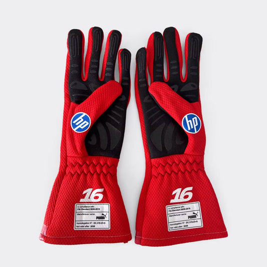 Red Charles Leclerc 2026 Ferrari F1 Race Gloves Replica laid flat, front view, showing the full racing design and replica stitching