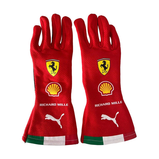 Red Charles Leclerc 2026 Ferrari F1 Race Gloves Replica laid flat, front view, showing the full racing design and replica stitching