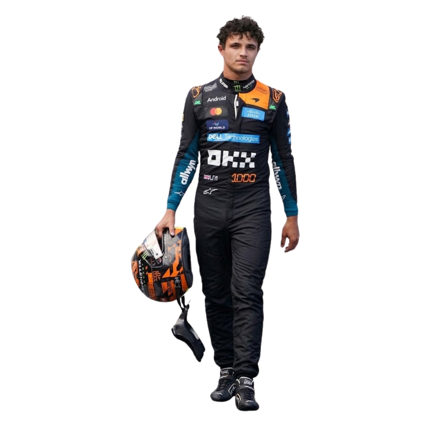 Lando Norris wearing a F1 racing suit McLaren Monaco GP with various sponsor logos on a white background Front View