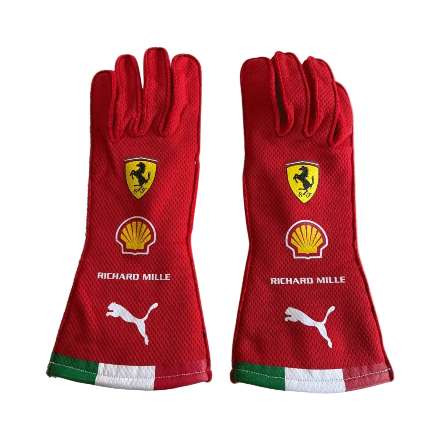 Red Lewis Hamilton 2026 Ferrari F1 Replica Race Gloves laid flat, front view, showing the full racing design and replica stitching