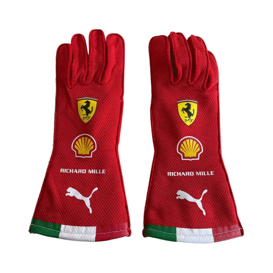 Red Lewis Hamilton 2026 Ferrari F1 Replica Race Gloves laid flat, front view, showing the full racing design and replica stitching