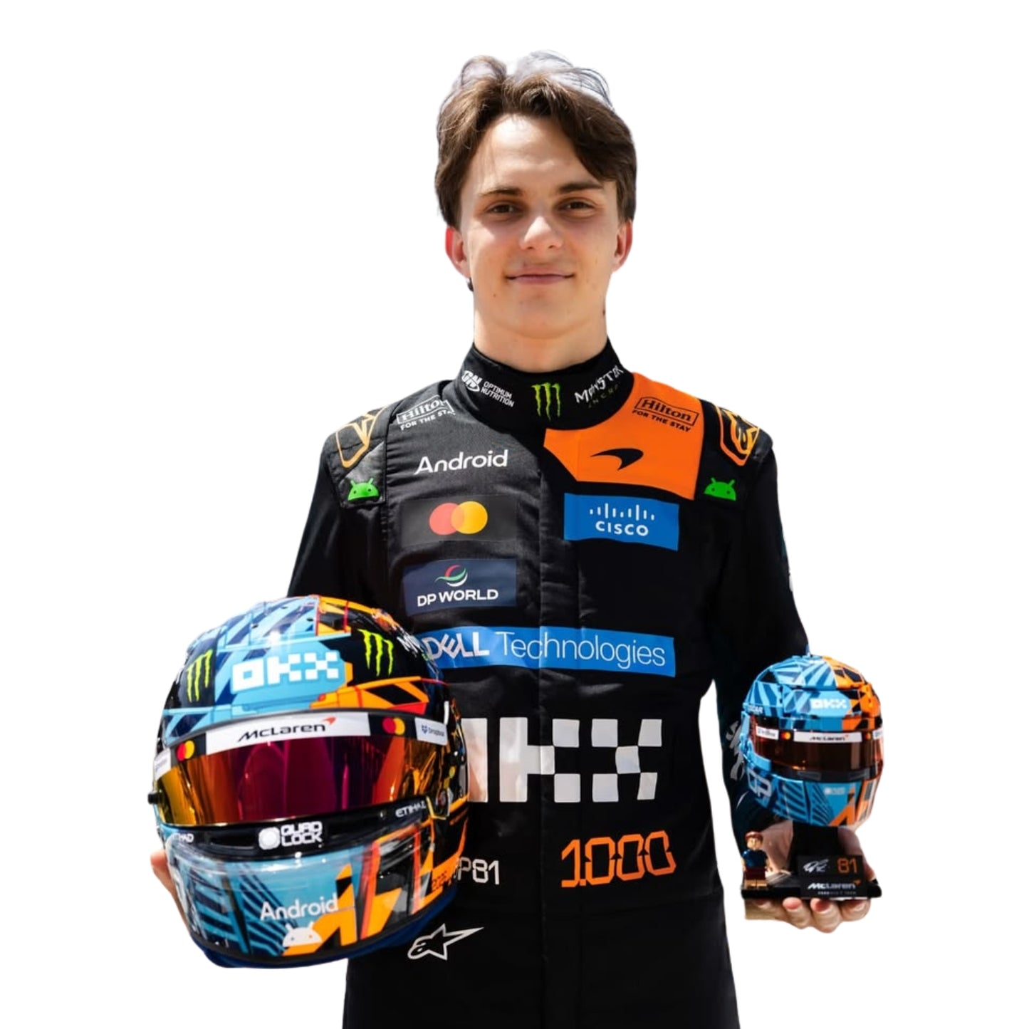 Oscar Piastri wearing a F1 racing suit McLaren Monaco GP with various sponsor logos on a white background Close View