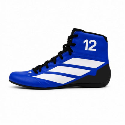 blue racing shoes for Kimi Antonelli supporters, with logo-style graphics across the upper. Race day attire footwear that matches any racing jumpsuit.