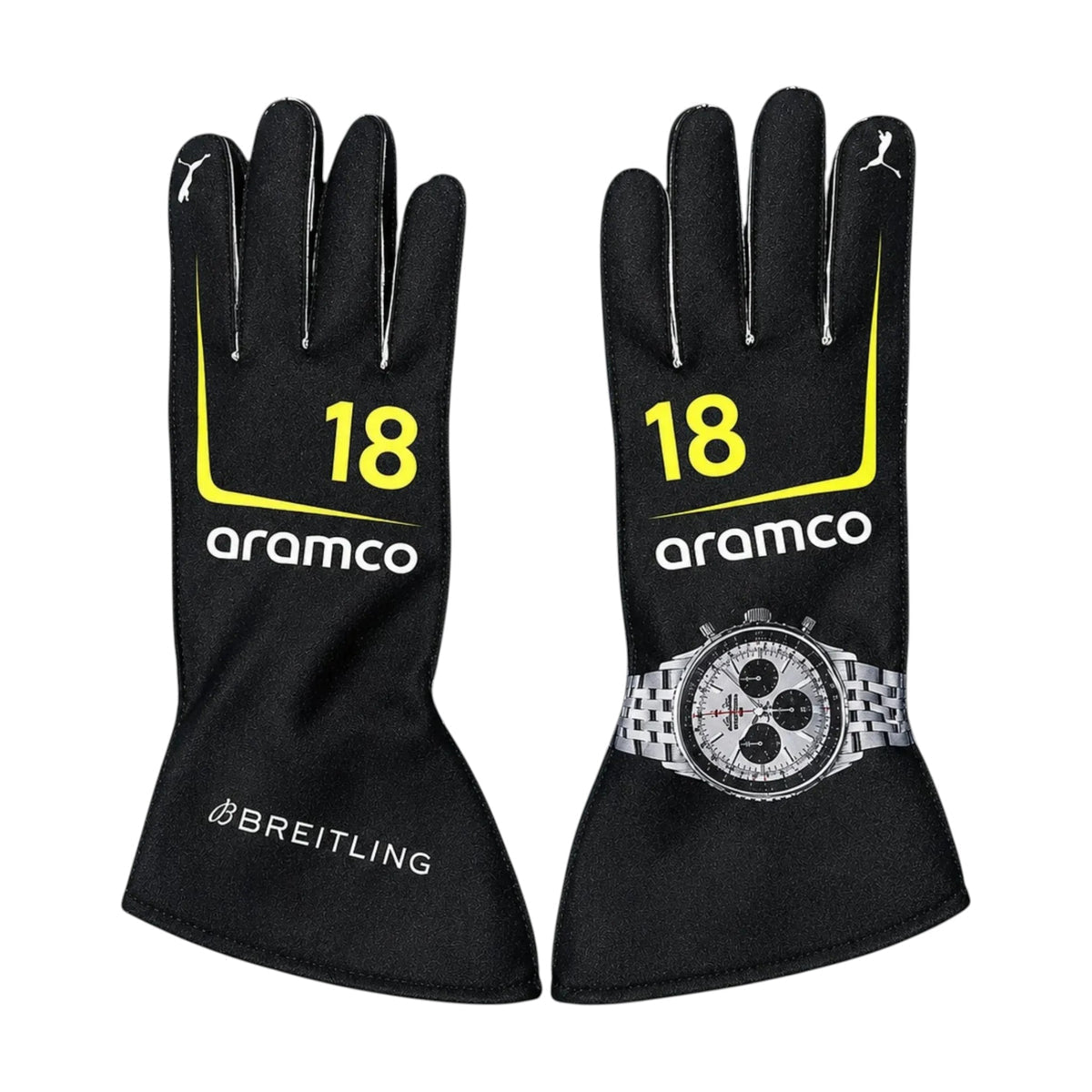 Red Aston Martin 2026 F1 Race Gloves laid flat, front view, showing the full racing design and replica stitching