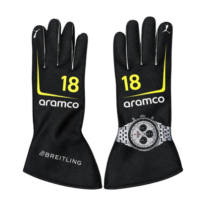 Red Aston Martin 2026 F1 Race Gloves laid flat, front view, showing the full racing design and replica stitching
