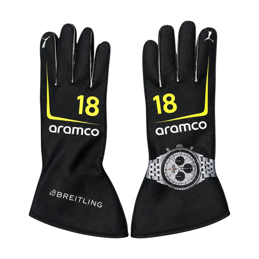 Red Aston Martin 2026 F1 Race Gloves laid flat, front view, showing the full racing design and replica stitching
