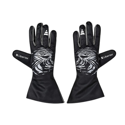 Red Audi 2026 F1 Race Gloves Replica laid flat, front view, showing the full racing design and replica stitching