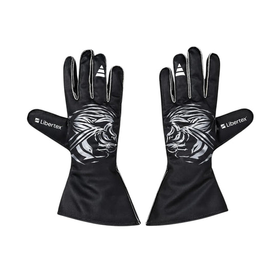 Red Audi 2026 F1 Race Gloves Replica laid flat, front view, showing the full racing design and replica stitching